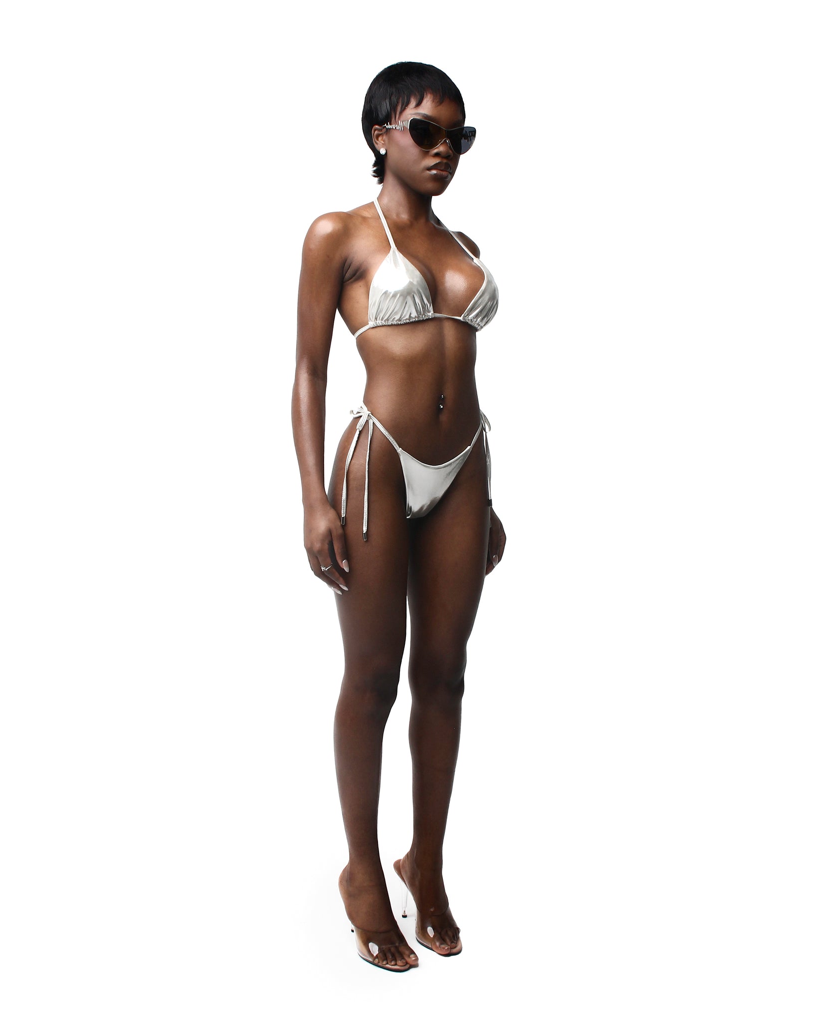 Bikini set, designer style similar to JADEDLDN, front side with metallic bikini top and bottom, Horvadi logo metallic sunglasses included.