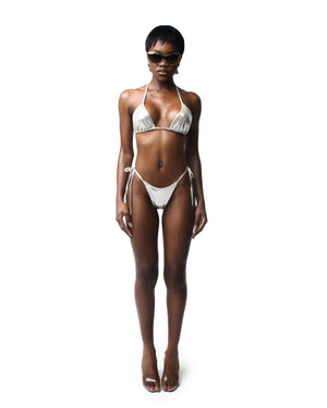 Luxury Designer Silver Bikini Set, similar to JADEDLDN, front side of silver metallic bikini top and bottom including horvadi logo luxury metallic sunglasses.