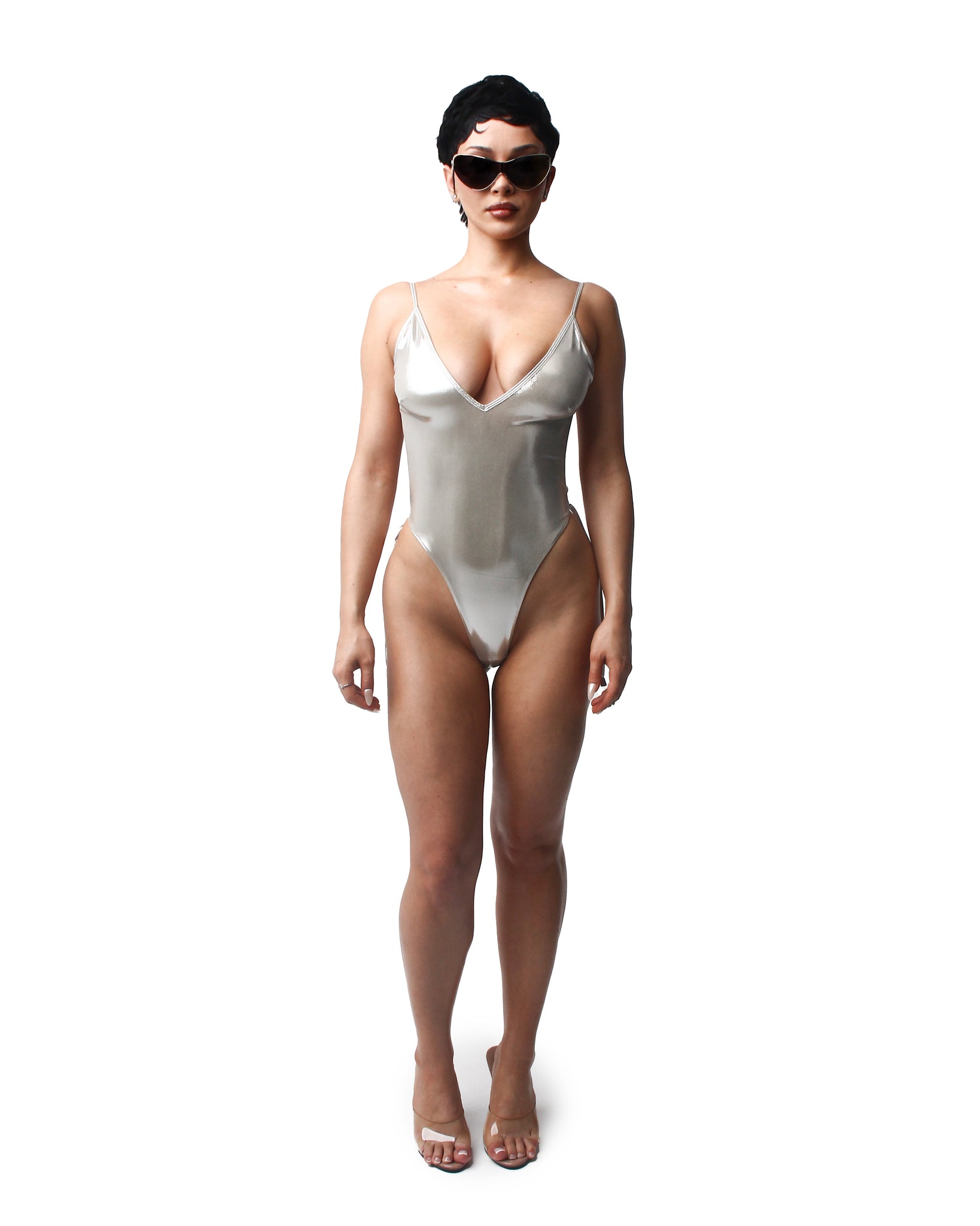 silver one piece bikini, V cut with a perfect design for curvy models and bigger breasted